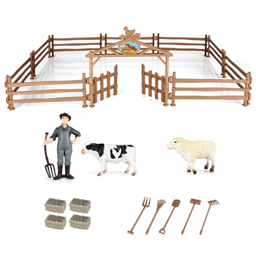 INNAL 24 Pcs Tiere Bauernhof Spielzeug Set, Bauernhof Figuren Spielset, mit Bauer, Zäune, Kuh, Schaf, Tor, Heu, Schaufel, Pferdestall Spielzeug Set für Kinder ab 3 Jahren Jungen Mädchen von INNAL