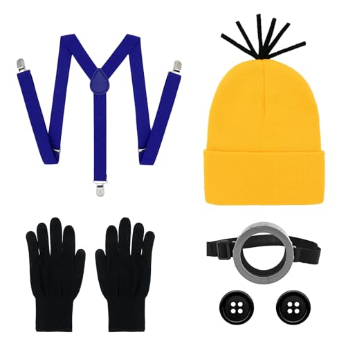 INNAL 7 Stück Minion Kostüm Zubehör,Halloween Kostüme Enthalten Goggles Hut Handschuhe Knöpfe Riemen,Karneval Kostüm für Erwachsene Kinder,CosplayKostüm für Maskeraden,Weihnachten,Geburtstagsfeiern INNAL 7 Stück Minion Kostüm Zubehör,Halloween Kostüme Enthalten Goggles Hut Handschuhe Knöpfe Riemen,Karneval Kostüm für Erwachsene Kinder,CosplayKostüm für Maskeraden,Weihnachten,Geburtstagsfeiern von INNAL
