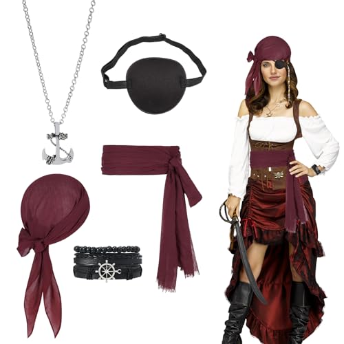 INNAL 7 Stück Mittelalter Piratenkostüm Zubehör Set Damen Herren Piraten Kostüm Zubehör Armband Hüfte Tuch Halskette Kopftuch Augenklappe für Halloween Cosplay Piratenparty INNAL 7 Stück Mittelalter Piratenkostüm Zubehör Set Damen Herren Piraten Kostüm Zubehör Armband Hüfte Tuch Halskette Kopftuch Augenklappe für Halloween Cosplay Piratenparty von INNAL