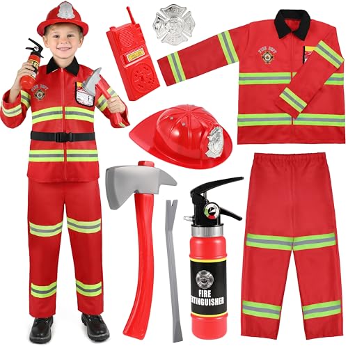 INNOCHEER Feuerwehrmann Kostüm für Kinder Feuerwehr Kostüm für Kinder mit Zubehör Karneval Halloween Kostüm für Kinder Jungen Rollenspiel, Faschingskostüme für Kinder jungen mädchen von INNOCHEER