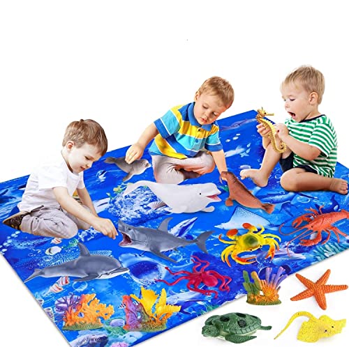 INNOCHEER Meerestierspielzeug für Kinder mit großer Spielmatte, 18er-Pack realistisches Meerestier-Set mit Tragetasche inklusive Hai, Wal, Delfin usw für Kleinkinder … von INNOCHEER