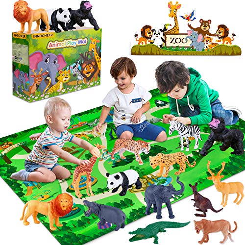 INNOCHEER Safari Tierfiguren Spielzeug Set mit Spielmatten, Realistischte Wildtier Figuren, Großes Dschungel Tier Spielset mit Elefant Giraffe Löwe Tiger Gorilla Panda und Mehr für Kinder … von INNOCHEER