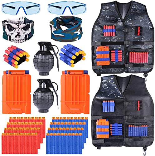 INNOCHEER Taktische Weste 2 Pack für Kinder, Taktische Jacke Kit mit 80 er Darts, 2 Brille, 2 schnell nachladen Clips, 2 Maske und 2 Armbände von INNOCHEER