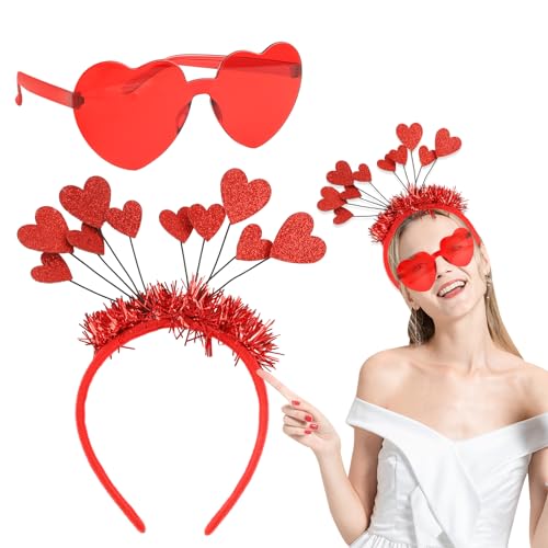 INQUIRLLY Herz Haarreif, Sonnenbrille in Herzform, Hippie Herzförmige Partybrillen Rot Herzen Aufkleber Kopfbedeckung Accessoires für Valentinstag Hochzeit JGA Karneval Fasching von INQUIRLLY