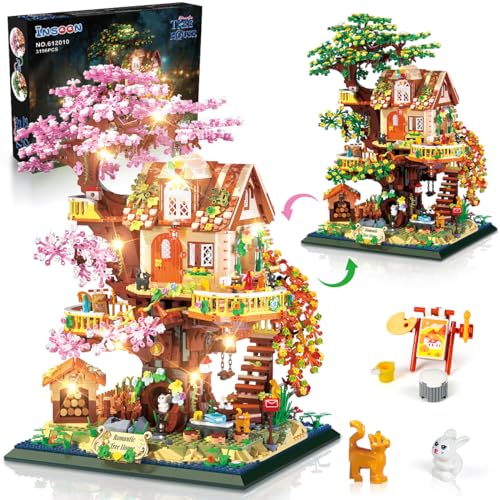 INSOON 2 in 1 Baumhaus Bauspielzeug mit LED Licht, 3196 Stück Kirschblüten Blumen Baum Haus Mini Bauklotz, Friends Wald Häuser Bausatz Spielzeug Geschenk für Erwachsene Kinder Mädchen Jungen Alter 10+ von INSOON