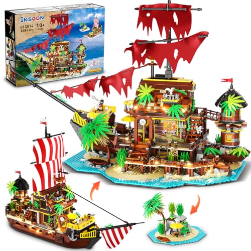 INSOON Piraten Schiffswrack Haus Mini Baukasten mit LED, 2 in 1 Piratenschiff Bauklotz 1854 Stück, Schiffswrack Modell Heimdekor Piratenschiff Spielzeug Geschenk für Erwachsene Kinder Jungen ab 10-12+ von INSOON