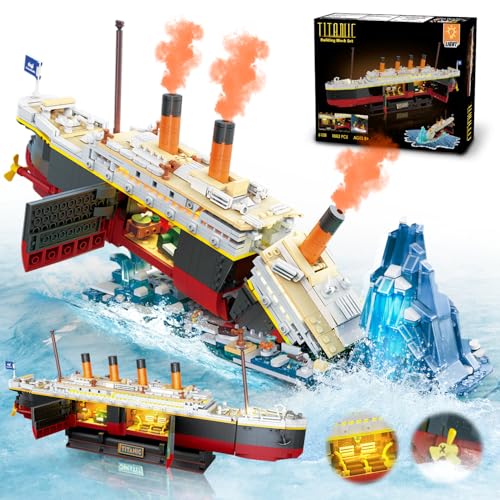 INSOON 2 in 1 Titanic Bauspielzeug mit LED Licht, 1883 Stück Titanic Schiff Mini Baukasten mit Gletscher, Schiff Modell Klemmbausteine Spielzeug, Geschenk für Erwachsene Kinder Jungen Mädchen 8-12+ von INSOON