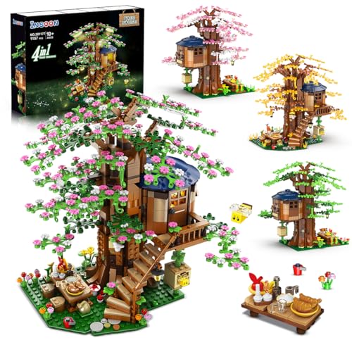 INSOON 4 in 1 Blumen Baumhaus Bauspielzeug mit LED Licht, 1157 Stück Baumhaus Bauklotz Spielzeug, Wald Holz Haus Baukasten mit Vogel Bienen, Geschenk für Erwachsene Kinder Mädchen Jungen Alter 10+ von INSOON