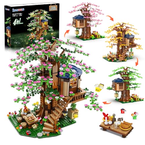 INSOON 4 in 1 Blumen Baumhaus Bauspielzeug mit LED Licht, 1157 Stück Baumhaus Bauklotz Spielzeug, Wald Holz Haus Baukasten mit Vogel Bienen, Geschenk für Erwachsene Kinder Mädchen Jungen Alter 10+ von INSOON