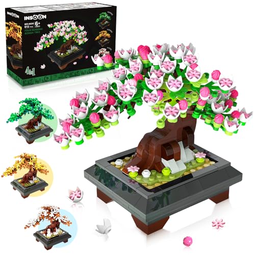 INSOON 4 in 1 Blumen Bonsai Baum Set, 612 Stück DIY Kirschblüten Blumen Bausatz, Botanische Sammlung Pflanzenbaum für Zuhause Dekor Büro Kunst, Kreatives Geschenk für Erwachsene Mädchen Jungen 6-12+ von INSOON