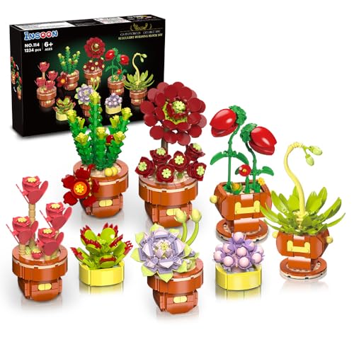 INSOON Sukkulenten Blumenbonsai Bauspielzeugset, 8 Packs Botanische Sammlung Baukasten für Heimdekoration, 1234 Stück Pflanzen Bausteinspielzeug Geschenke für Erwachsene Kinder Mädchen ab 6 7 8 9 10 von INSOON