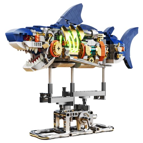 INSOON Technik Hai Bauspielzeug mit Schwenkbarem Körper & Licht, 687 Stück Meerestier Bausteine Modell mit Ständer, Kreative Haispielset Geschenkidee für Erwachsene Kinder Jungen ab 12 Jahren von INSOON