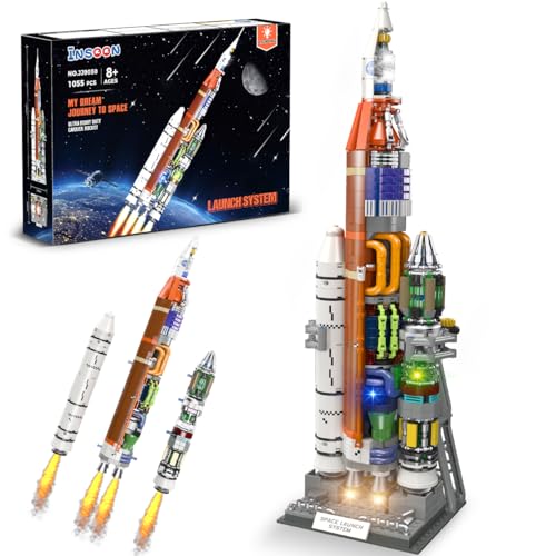 INSOON Technik Weltraumrakete Bauspielzeug mit Lichtern & Ständer, 1055 Stück Abnehmbare Weltraum Rakete Baustein Spielzeug, Technic Rakete Modell für Erwachsene Kinder Jungen Mädchen Alter 8-12 + von INSOON