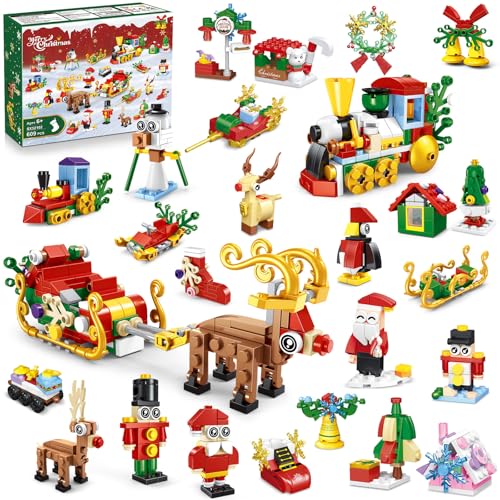 INSOON 2024 Weihnachten Bauspielzeug 24 Päck, 50 Weihnachtsspielzeug Modelle, Weihnachtsbaum Weihnachtsmann Zug Haus Countdown Bausteine 609 Stück, Geschenke für Kinder Jungs Mädchen Alter 6-12+ von INSOON