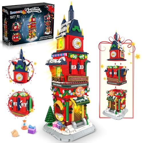 INSOON Weihnachts Countdown Uhrturm Bausatz mit LED, 1055 Stück Weihnachtsdorf-Haus-Bauspielzeug, Dekorationsmodell für Feiertage und Feste, Geschenk für Erwachsene Kinder Jungen Mädchen ab 8 Jahren von INSOON