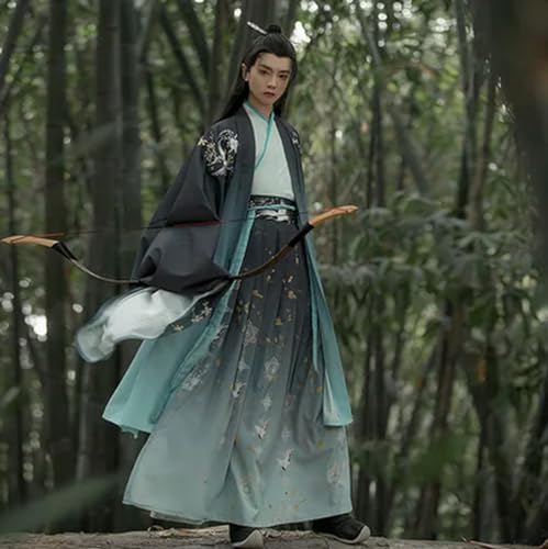 INSTR Chinesisches antikes Hanfu-Kostüm für Herren, Halloween, Bogenschützen, Cosplay, Hanfu, Farbverlauf, grünes Hemd + Rock + Mantel, Sets für Herren von INSTR