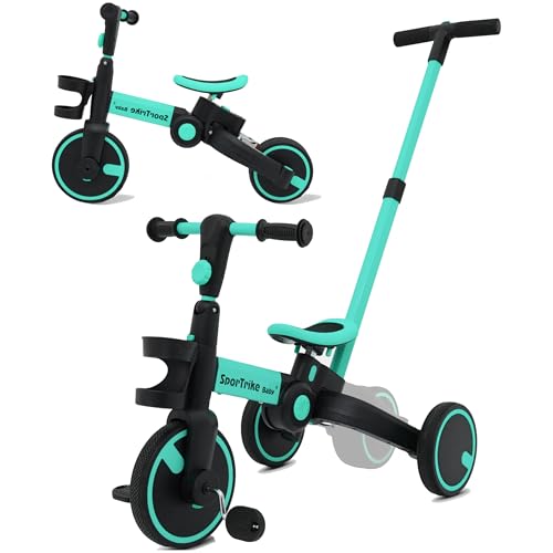 SporTrike 3-in-1 Dreirad ab 1 Jahr mit Schubstange - Laufrad ab 1, 2, 3, 4 Jahre für Kinder - Baby Fahrrad, Dreiräder mit Höhenverstellung und Abnehmbaren Pedalen (Blau) von INTAKO