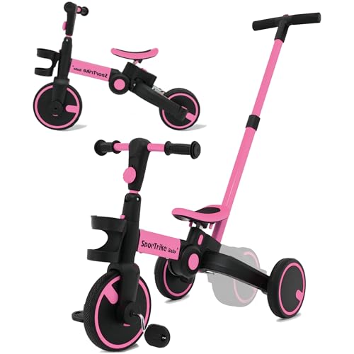 SporTrike 3-in-1 Dreirad ab 1 Jahr mit Schubstange - Laufrad ab 1, 2, 3, 4 Jahre für Kinder - Baby Fahrrad, Dreiräder mit Höhenverstellung und Abnehmbaren Pedalen (Rosa) von INTAKO