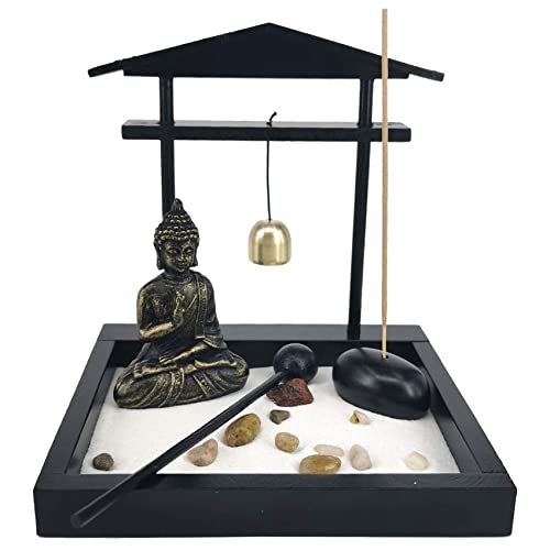 INTCHE Desktop Sand Garten Meditierende Buddha Statue, Mini Garten Sand Tablett Satz für Haus BüRo Dekor von INTCHE