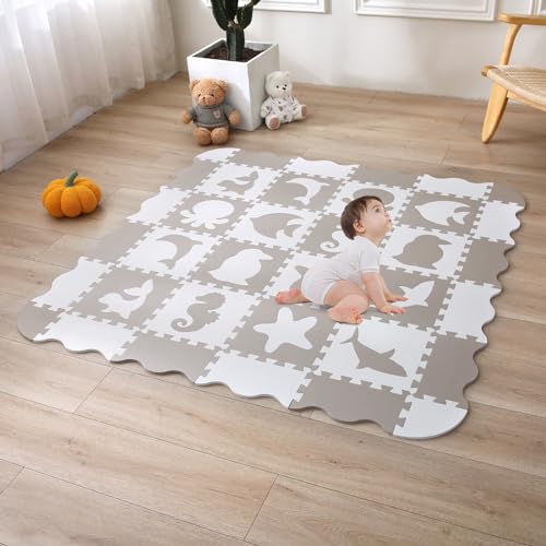 INTOMENG Kindermatte Puzzlematte Baby Play Mat for Floor Interlocking Eva Foam Puzzle Mat Krabbeldecke FüR Baby Druckmuster von Meeresorganismen Krabbelmatte rutschfest 142×142×1cm, Beige Modell 16 von INTOMENG