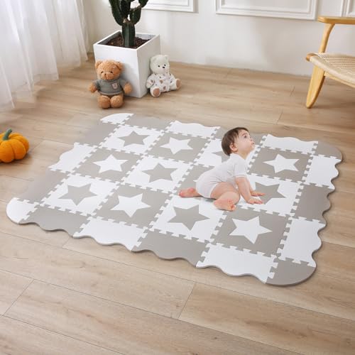 INTOMENG Kindermatte Puzzlematte Baby Play Mat for Floor Interlocking Eva Foam Puzzle Mat Krabbeldecke FüR Baby Sternmuster drucken Krabbelmatte rutschfest 110×142×1cm, Grau Modell 14 von INTOMENG