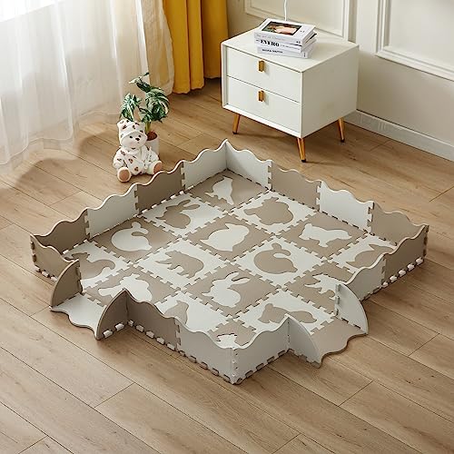 INTOMENG Puzzlematte Baby Play Mat for Floor Interlocking Eva Foam Puzzle Mat Krabbeldecke FüR Baby Tiermuster drucken Krabbelmatte rutschfest 142×142×1cm, Tannfarbe Modell 10 von INTOMENG