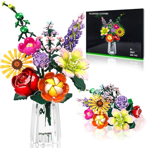 INVITOP Blumen Bausteine Bausatz, Blumenstrauß Bausteine Sets, 9 Künstliche Blumen für Flowers, Geschenke zum Muttertag, Geburtstag, Valentinstag, Frauen Mädchen Erwachsene 6+, Vase Nicht Enthalten von INVITOP