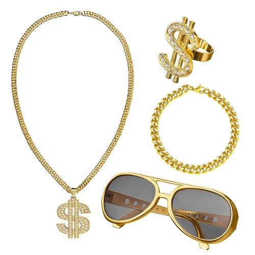 IOPJLK Dollar Kette Set, 4 Stück Goldkette Kostüm, Zuhälter Kostüm Hip Hop Rapper Kette Gold Punk Goldring Fasching & Karneval für 70er 80er 90er Jahre Accessoires von IOPJLK