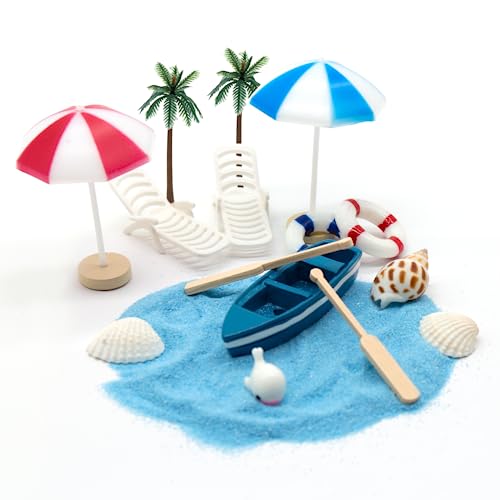 IOPJLK Strand Deko Miniatur Set, Miniatur Deko 16 Stück, Sommer Strand Mikrolandschaft Con Muscheln Deko Sonnenschirm Miniliegestuhl Set, Strand Deko für Geburtstagsgeschenk, Urlaub Geschenk von IOPJLK