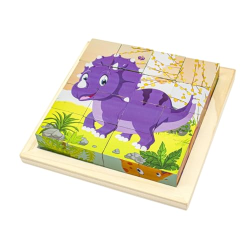 Würfelpuzzle Holz, 3D Bilderwürfel Puzzlespiele, 6 in 1 Tier-Motive Holzpuzzle Montessori Spielzeug mit 16 Würfel Lernspielzeug Holzspielzeug Geschenk für ab 1-8Jahren Jungen und Mädchen (Dinosauri D) von IOPJLK