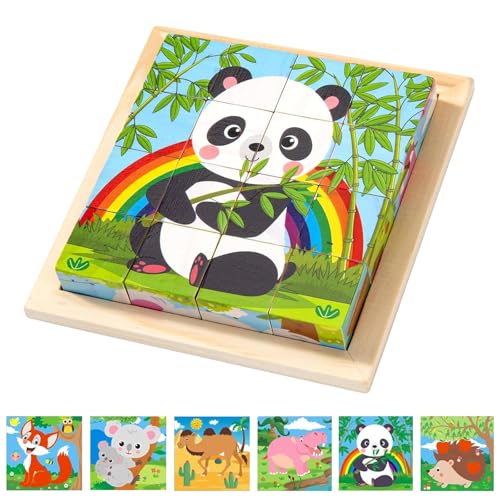 Würfelpuzzle Holz, 3D Bilderwürfel Puzzlespiele, 6 in 1 Tier-Motive Holzpuzzle Montessori Spielzeug mit 16 Würfel Lernspielzeug Holzspielzeug Geschenk für ab 1-8Jahren Jungen und Mädchen (Wildtiere) von IOPJLK