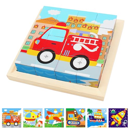 Würfelpuzzle Holz, 3D Bilderwürfel Puzzlespiele, 6 in 1 Tier-Motive Holzpuzzle Montessori Spielzeug mit 16 Würfel Lernspielzeug Holzspielzeug Geschenk für ab 1-8Jahren Jungen und Mädchen (Verbindung) von IOPJLK