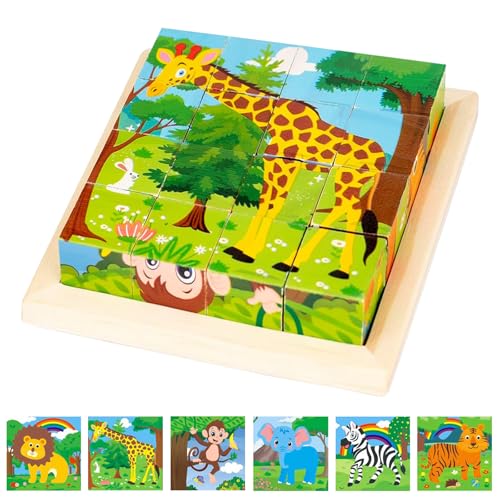 Würfelpuzzle Holz, 3D Bilderwürfel Puzzlespiele, 6 in 1 Tier-Motive Holzpuzzle Montessori Spielzeug mit 16 Würfel Lernspielzeug Holzspielzeug Geschenk für ab 1-8Jahren Jungen und Mädchen (Wildtiere A) von IOPJLK