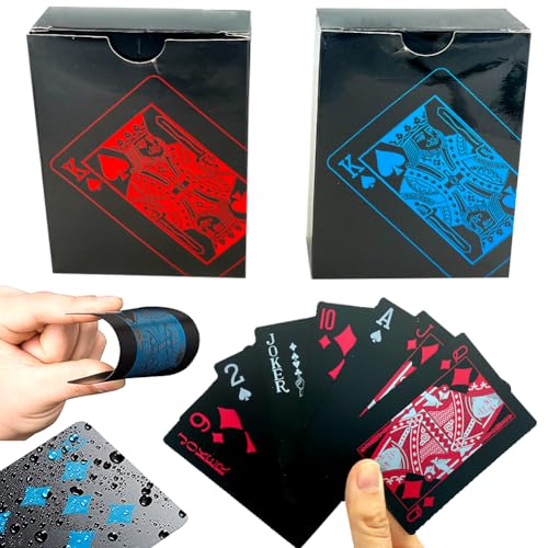 IOSCDH 2 Poker Decks Spielkarten Gemustertes Langlebige und Flexible wasserdichte Kunststoff beschichtete Karten Magische Pokerkarten für Familienfeste Texas Hold'em Schwarzes Plastik Magisches Deck von IOSCDH