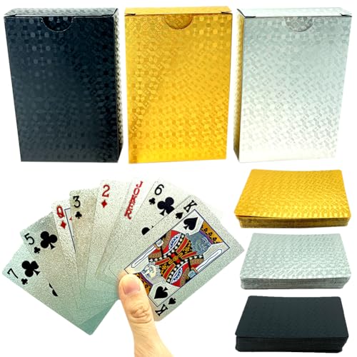 IOSCDH 3 Goldfolie Spielkarten Gemustertes Langlebige und Flexible wasserdichte Kunststoff beschichtete Karten Magische Pokerkarten für Familienfeste Texas Hold'em Schwarzes Plastik Magisches Deck von IOSCDH