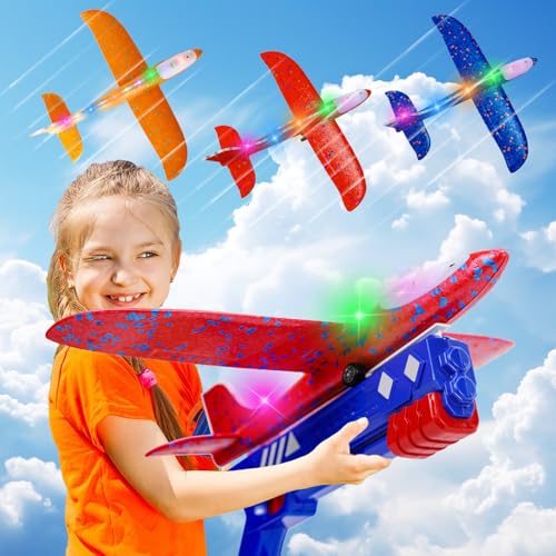 IOUGDSEC 3 Pack Flugzeug Launcher Spielzeug Flugzeugbausätze, LED Schaum Gleiter Katapult, 2 Flug Modi, fliegen, 3-12 Jahre alt Jungen Mädchen Geburtstag Geschenke von IOUGDSEC