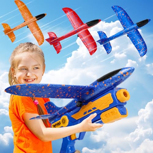 IOUGDSEC 3 Pack Flugzeug Launcher Spielzeug Flugzeugbausätze, Schaum Gleiter Katapult, 2 Flug Modi, fliegen, 3-12 Jahre alt Jungen Mädchen Geburtstag Geschenke von IOUGDSEC