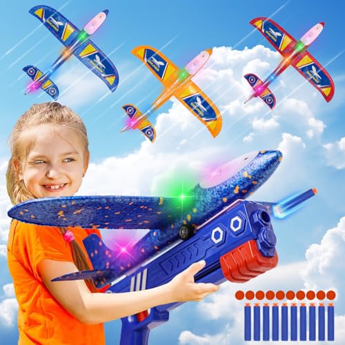 IOUGDSEC 6 IN 1 Flugzeug Launcher Spielzeug Flugzeugbausätze, LED Schaum Gleiter Katapult, 2 Flug Modi, fliegen, 3-12 Jahre alt Jungen Mädchen Geburtstag Geschenke von IOUGDSEC