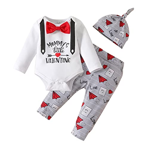 IQYU Valentinstag Säugling Neugeborenes Baby Brief Langarm Bowknot Strampler Tops Hosen Mit Hut Outfit Set 3 STÜCKE Halloween Kostüm Baby Junge (Grey, 12-18 Months) von IQYU