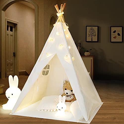 IREENUO Tipi Zelt für Kinder mit Lichterkette, Faltbare Kinder Spielzelte Spielhaus für Mädchen und Jungen, Wigwam Zelt zum Spielen Outdoor Indoor (Weiß) von IREENUO