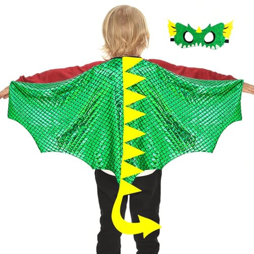 Drachenflügel Kostüm für Kinder Maske Dinosaurier Dress Up Cape für Jungen Mädchen Halloween Party Geschenke Spielzeug (Metallic Blau) (Metallic Grün) von IROLEHOME