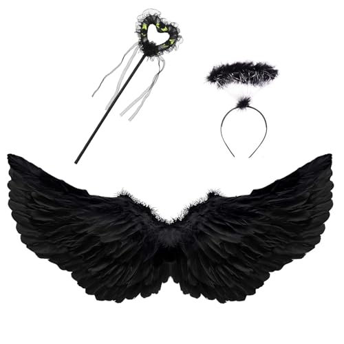 80cm Schwarzer EngelsflüGel Kostüm Damen:Karneval Schwarz Engel Flügel Federflügel Engels Kostüm Damen mit Halo Stirnband und Zauberstab Teufel Cosplay Party Fasching Kostüme Deko(Schwarz) von IRWOY