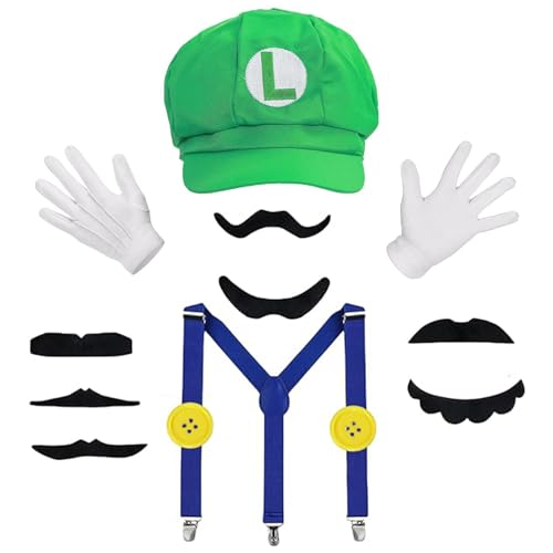 IRWOY Mario Kostüm Accessoires: Karneval Mario Kostüm Bros Mütze Hut Handschuhe Bart gelbe Knöpfe Kostüm für Fasching - Erwachsene Damen Herren Kind Outfits Cosplay Karneval Kostüm (Grün1) von IRWOY