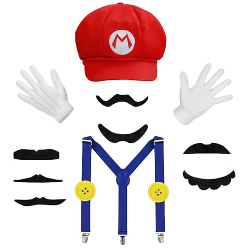 IRWOY Mario Kostüm Accessoires: Karneval Mario Kostüm Bros Mütze Hut Handschuhe Bart gelbe Knöpfe Kostüm für Fasching - Erwachsene Damen Herren Kind Outfits Cosplay Karneval Kostüm (Rot1) von IRWOY