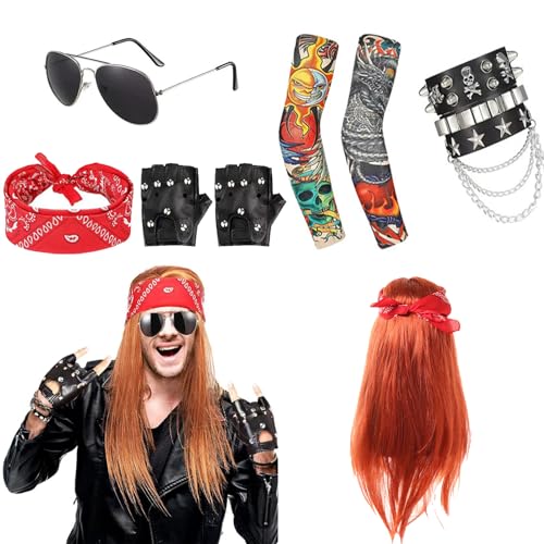 IRWOY Rock Star Herren Kostüm Zubehör: 7 Stück 70er 80er 90er Jahre Disco Perücke Punker Kostüm Zubehör Lang Lockig Hut Sonnenbrille Rocker Lederarmband Tattoo Ärmel Verkleidung Kit (Rot1) von IRWOY