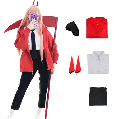 IS MY BIKE OKAY ChainsawMan Kostüm Makima schwarzes Kleid Cosplay Uniform Denji Outfit Power Jacke Anzug Halloween, Power (rot), X-Large von IS MY BIKE OKAY