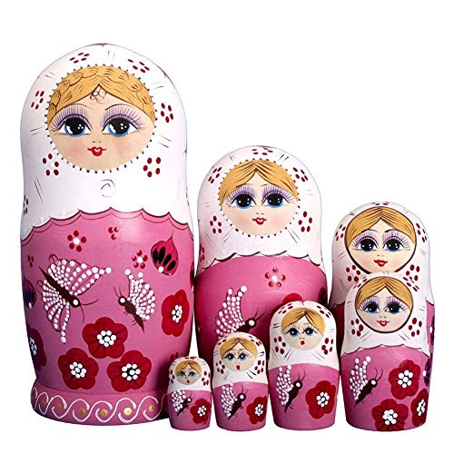 ISAKEN 10 Stück Matrjoschka, Holz Russische Matroschka Puppen, Bemalte Matruschka Puppen Rosa, Russian Nesting Dolls Handgemacht Marionette Geschenk Spielzeug für Kinder von ISAKEN