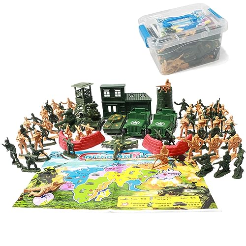 ISAKEN 60 Teiliges Military Basis Spielzeug Set Militär Fahrzeuge Kunststoff Kampf Kraft Flugzeug Mini Tank Jets Fahnen Spielset Gruppe Battlefield Zubehör Spielzeugsoldaten Militärspielset für Kinder von ISAKEN