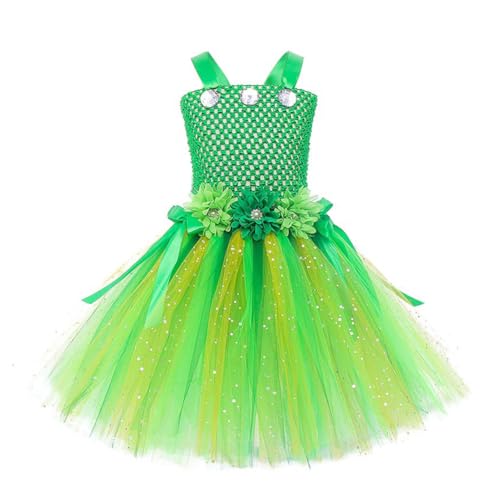 ISAKEN Dschungel Elf Glitzer Tüllkleid, Rollenspiel Kostüm Prinzessin Kleid Ärmelloses Kinderkleid Weihnachten Halloween cosplay Kleid für Fasching Karneval Outfit Set von ISAKEN