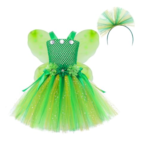 ISAKEN Dschungel Elf Glitzer Tüllkleid, Rollenspiel Kostüm Prinzessin Kleid Ärmelloses Kinderkleid Weihnachten Halloween cosplay Kleid für Fasching Karneval Outfit Set von ISAKEN